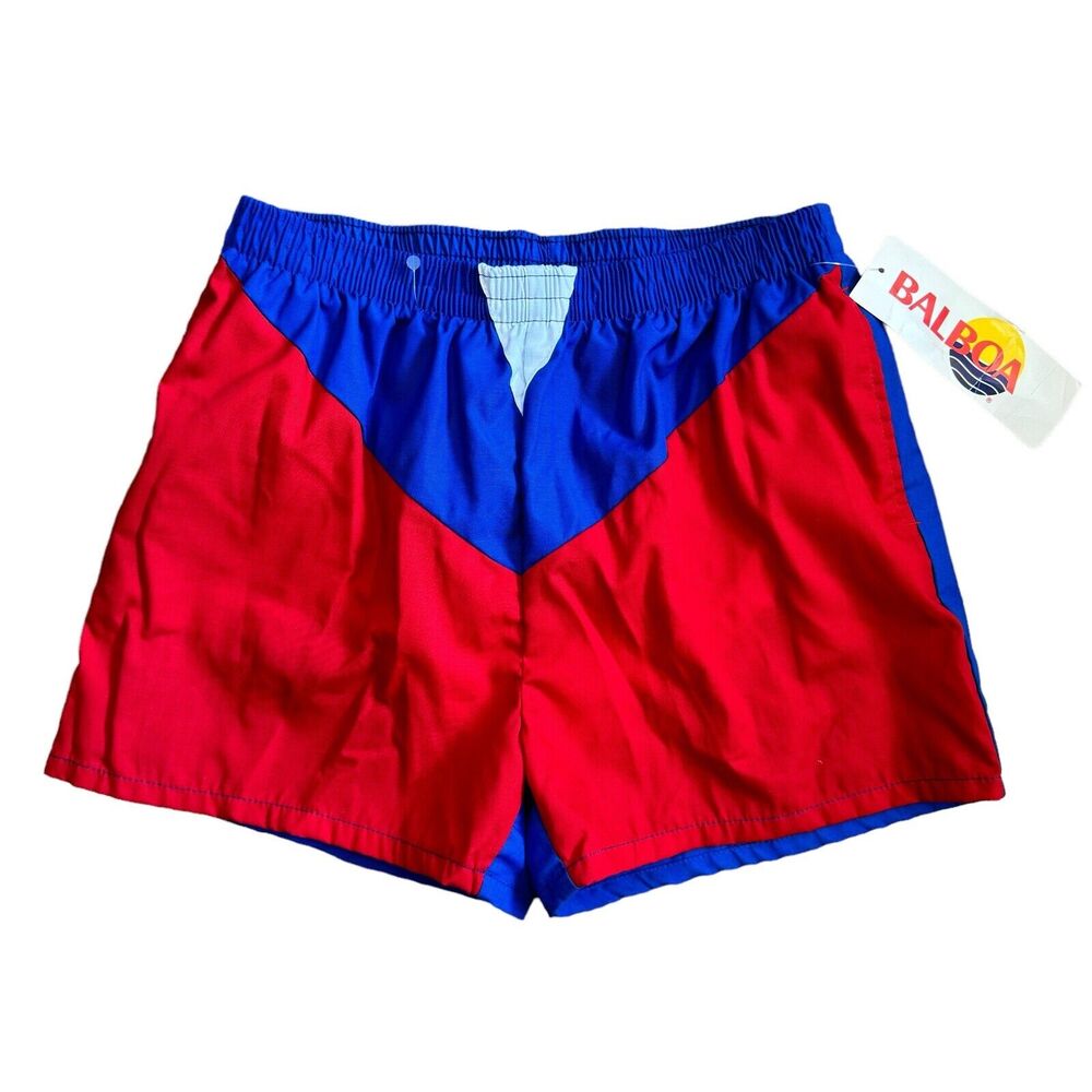 NEW! Vintage 80s Balboa Shortie Swim Trunks Shorts Blue Red Size L 36/38